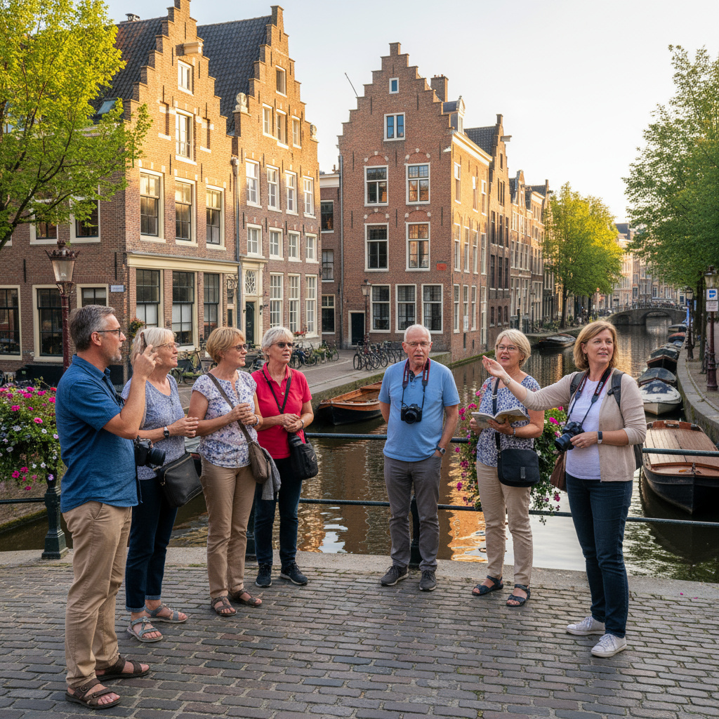 Kleine groep op een wandeling langs de grachten in Amsterdam