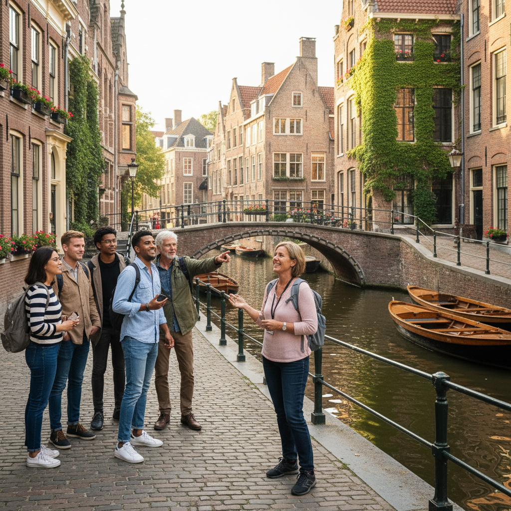 Gids leidt een kleine groep langs de Amsterdamse grachten